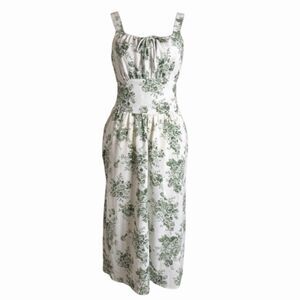 Monteau Midi Dress Fit Flare Smocked Floral Rose Print Ivory Green XS